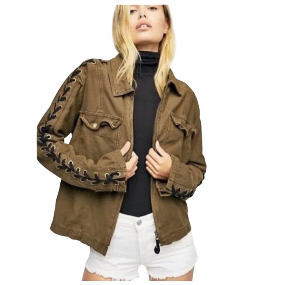 Free People Olive Lace-Up Sleeve Utility Jacket